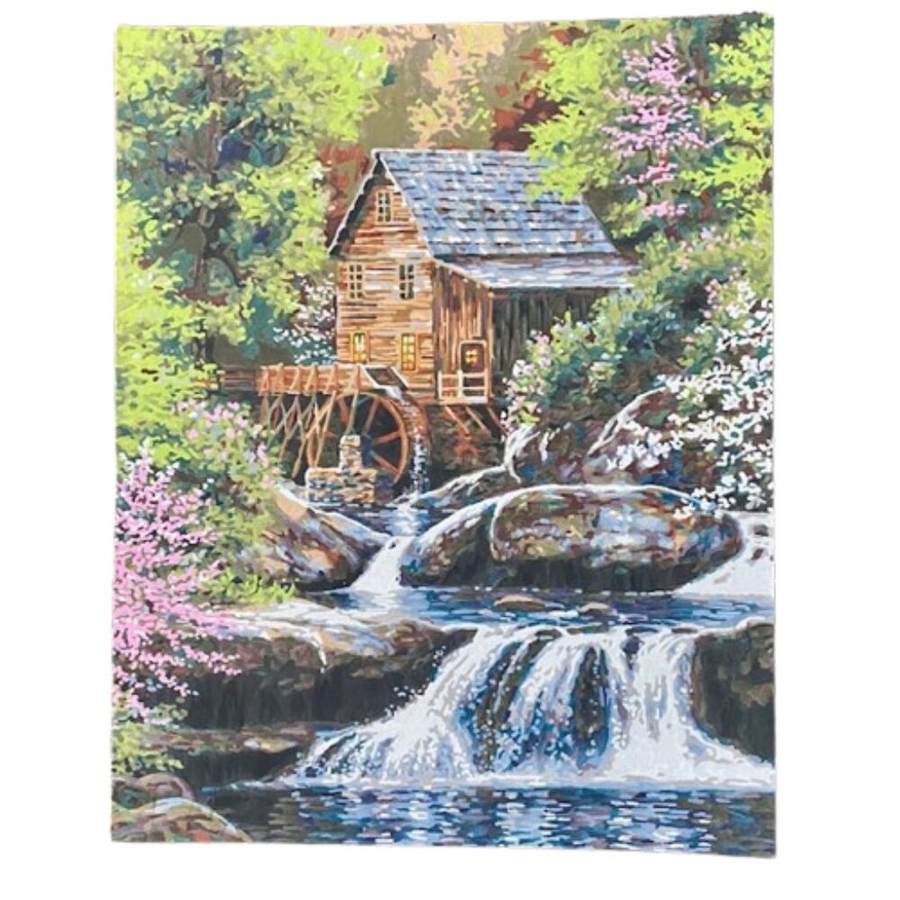 Completed Paint By Number Old Mill Stream Trees Earth Tones Gallery Wall